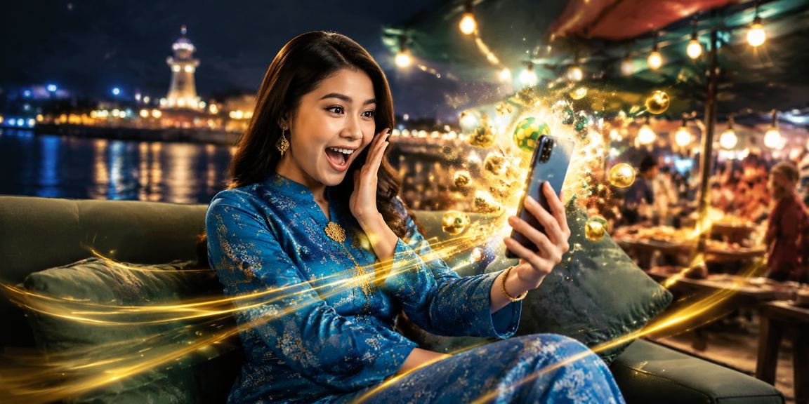 Pengguna berbaju kurung Malaysia menikmati permainan keberuntungan dalam suasana tempatan yang ceria